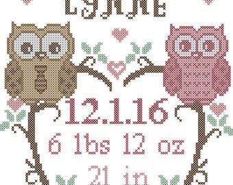 Owl Birth Record Cross Stitch Pattern, Owls Cross Stitch Pattern, Baby Owls Cross Stitch Pattern, Baby Birth Record Cross Stitch Chart