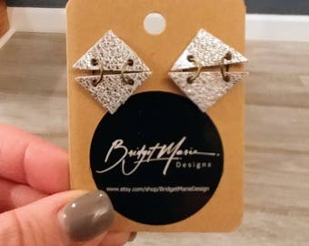 Stud Dangle Earrings/Leather/Silver/Metallic/Jewelry/Geometric/Boho/Handmade/Style/Fashion/Unique/Women/Gifts for Her/Chic