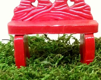 Red fairy garden miniature bench. Dollhouse, terrarium decor.