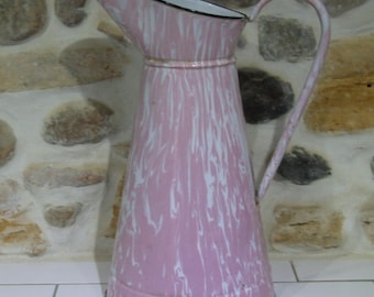 Enamel Water Pitcher Pink and White , Stunning French Water Pitcher