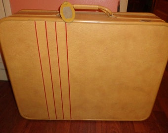 Outstanding Suitcase Luggage Imperial Mid Century Butternut Tan Red Accent Stripes Clean Clean