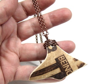 Hand Made Necklace of Reversible Tumbled Pottery Shard, Copper Wire Wrapped, Copper Chain with Lobster Claw Closure