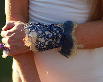 Blue vintage lace beaded cuff, boho beaded cuff, festival embroidered cuff, textile bracelet, fiber art cuff, gypsy tattered lace cuff