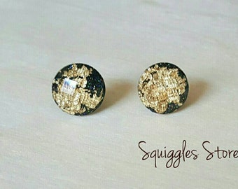 Black Gold Leaf Faceted 12mm Stud Earrings Hypoallergenic Posts Sensitive Ears