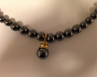 Vintage Hematite Beaded Necklace with Hematite Stone Pendant