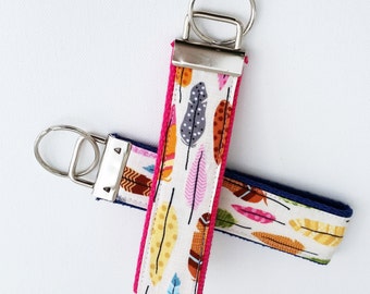Keychain Wristlet Key fob - Feathers on Cream - Multicolored feathers, Nature inspired keychain