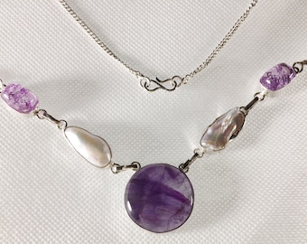 Handmade Amethyst and Biwa Pearl Necklace Silver