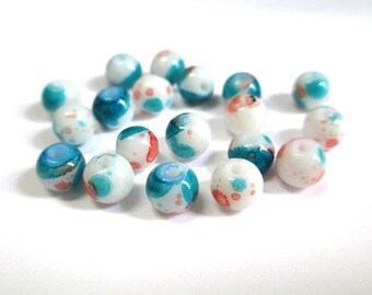 20 speckled blue and Red 6mm white glass beads