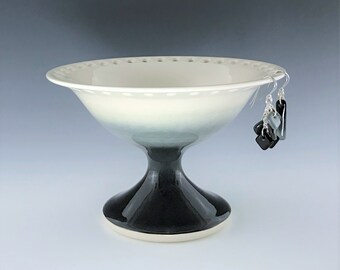 Ceramic Earring Holder, Porcelain Earring Pedestal, Jewelry Storage Dish, Black and White Earring Stand, Pottery Jewelry Organizer Bowl