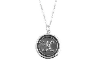 French Script Initial Wax Seal Pendant- Sterling Silver Personalized Custom Necklace