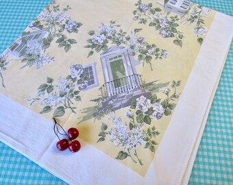 Printed Cotton Tablecloth - Antebellum - Monticello - Soft Yellow - Roses - Square - 50" x 44" - Spring Table - Garden - Vintage 1960's