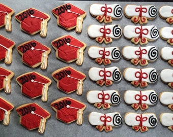 Decorated Graduation Cap and Diploma Cookies