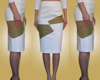 White, ivory, green, asymmetrical pencil skirt. Size UK 10 / US 6