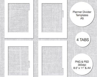A5 Planner Divider Template, 4 Tabs, PSD & PNG, Instant Download