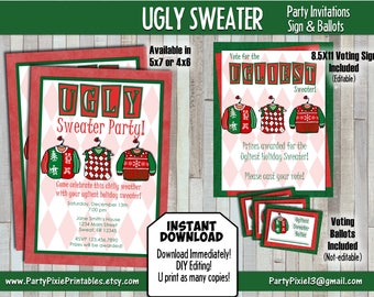 INSTANT DOWNLOAD - Ugly Holiday Sweater Party Invitation, Party Sign, Voting Ballots - Printable and Personalized DIY - Digital Files