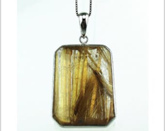 EP010402) Gold Rutilated Quartz Pendant, 925 Silver, Octagon Shape