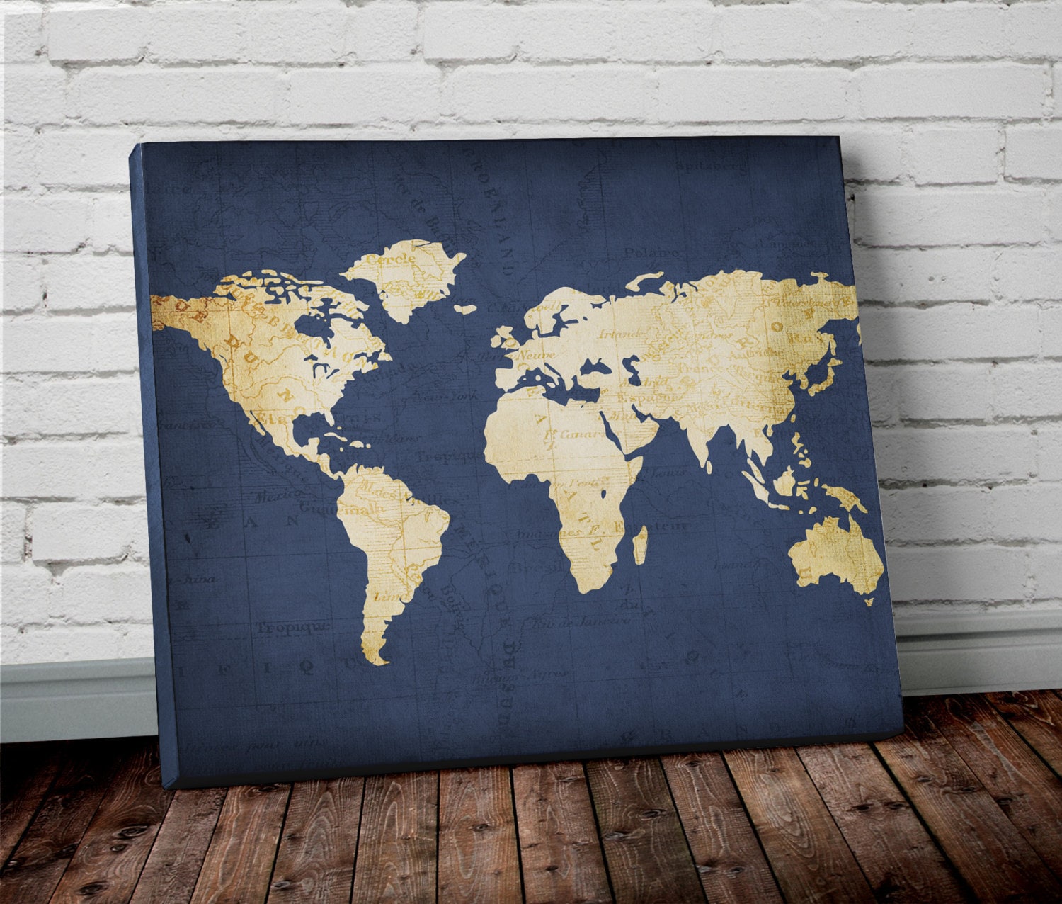 Navy WORLD MAP Wall ART Canvas World Map Print In Navy Blue