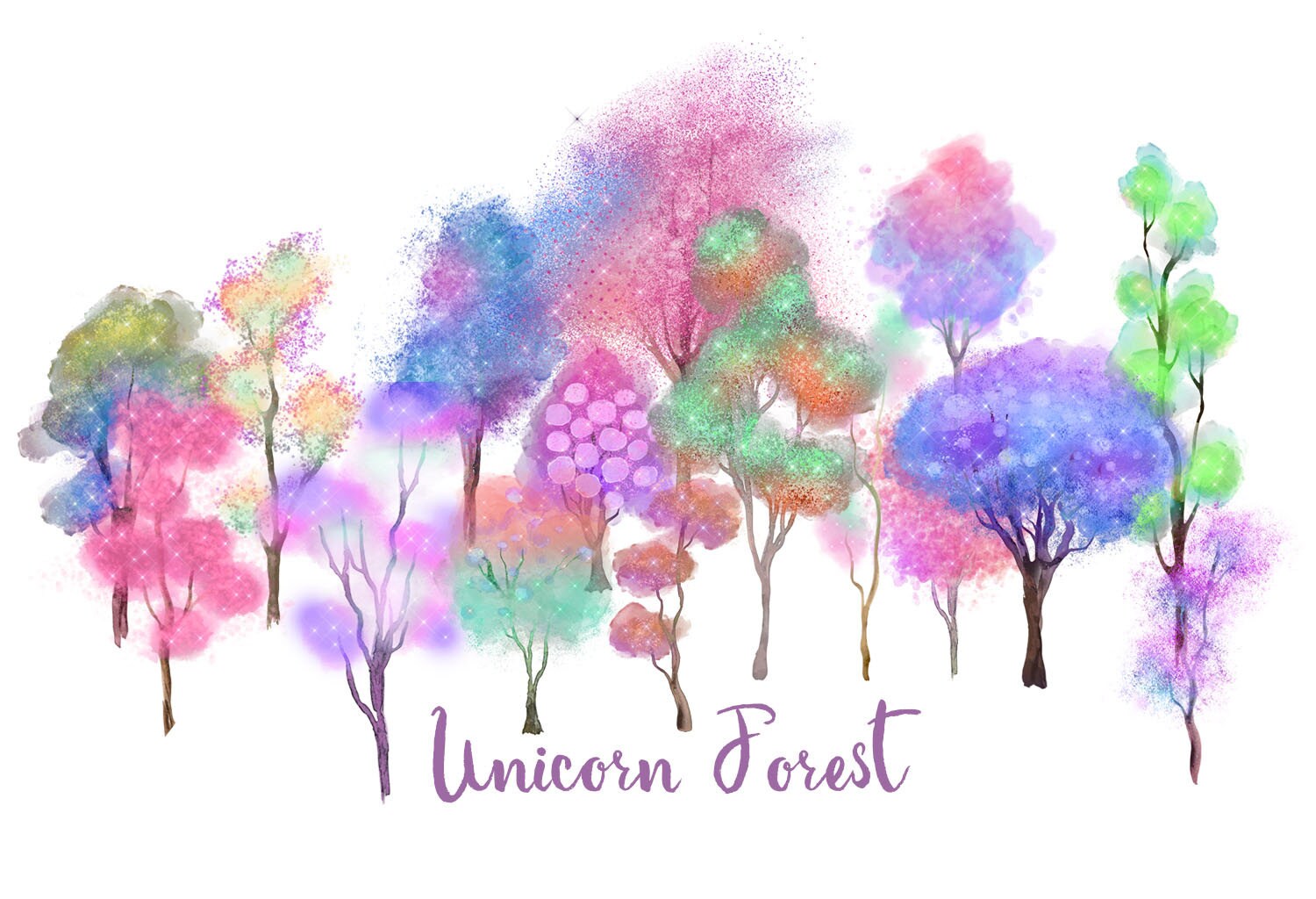 Unicorn Forest Trees Clip Art Pastel Rainbow PNG graphics