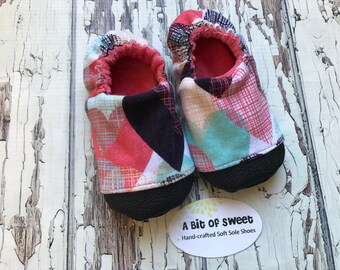 Coral, Mint and Black Hearts Made to Order Soft Sole Shoes