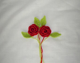 3D Lot of 2 Red Crochet Flowers with 4 Leaves Applique - 3D Ruffled Rose, Handmade Applique Embellishment in Red size 2"
