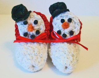 Adorable Hand Crocheted Baby Bootie Shoes Snowman Christmas Great Photo Prop Matching Hat & Bib Also Available