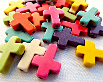 Howlite Cross Beads, Dyed Howlite Cross, Cross Bead Strand, 25 Pcs Cross Bead, Multi Color Bead, Crucifix Beads, Red Howlite, Pink Howlite