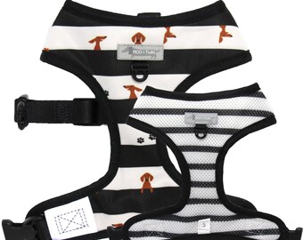 REVERSIBLE DOG HARNESS - cute harness for dachshunds with striped doxie sausage dog print. 2-in-1 doxie harness, wiener dog harness