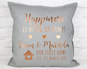 First Home Cushion - New Home Gift - Personalised Cushion - Grey Copper Pillow - Copper Home Decor - Happiness Gift - Sofa Pillow
