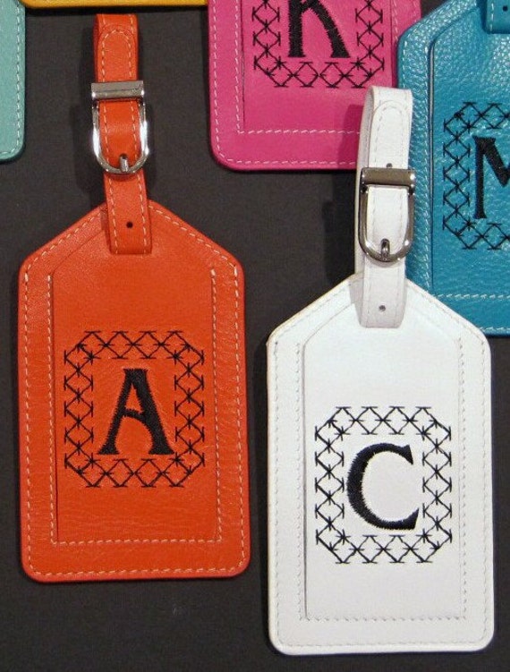 Set of 2 Leather Luggage Tags Custom Embroidered with Initial