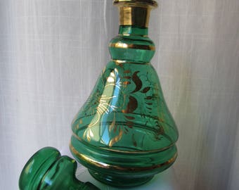 Decanter Vintage 1960s Bohemian Green Gold Bottle lid