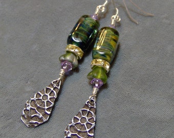 Pewter and Lampwork Beaded-Earrings-Inviciti Pewter-Artisan Earrings-Artisan Lampwork Beads-Tribal-Primitive-Gothic-Victorian Earrings-SRAJD