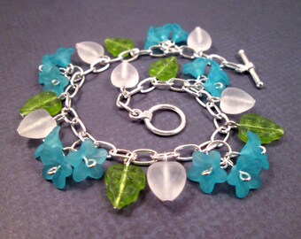 Flower Charm Bracelet, Blue Green White and Silver Beaded Bracelet, FREE Shipping U.S.