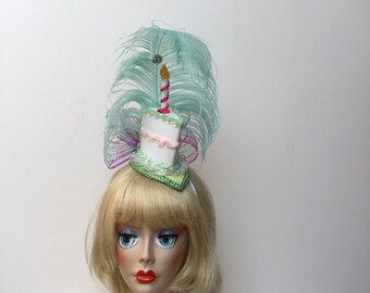 Birthday cake fascinator blue ostrich feather