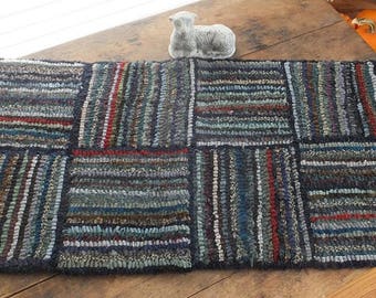 Primitive Hooked Rug - Indigo Stripes
