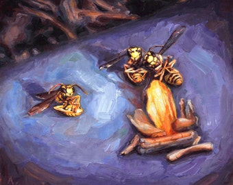 Original Still Life Oil Painting of Bees, ' The Third Wheel,' Framed