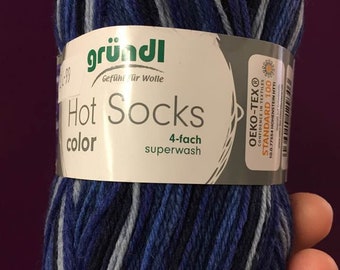 Blue stripy sockyarn in ocean colours Grundl Hots Socks Color superwash yarn 50g per ball you need 2 to knit a pair of socks shade 407