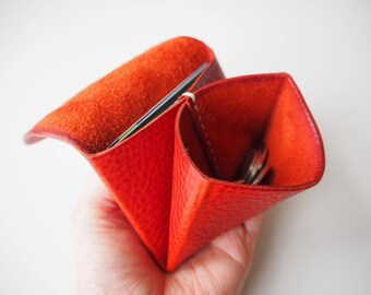 Leather Origami Wallet, Small Leather Wallet, Leather Coin Purse, Coin Case, Leather Card Case, Travel Jewellery Case - Red