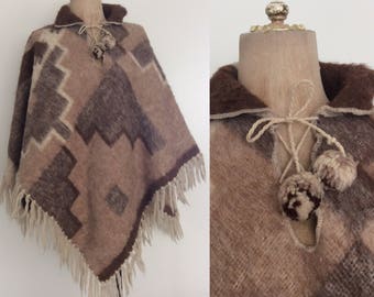 1970's Wool Brown Tone Poncho w/ Pom Poms Size Small Medium Large by Maeberry Vintage