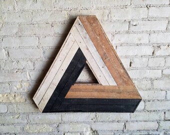 Reclaimed Wood Wall Art, Decor, Lath, Penrose Triangle, Geometric Pattern, Escher