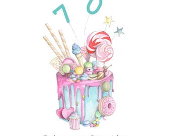 Happy 70th Birthday Cake Embellished Card taken from an Original Watercolour / Notelets / Birthday Cards / Blank Cards