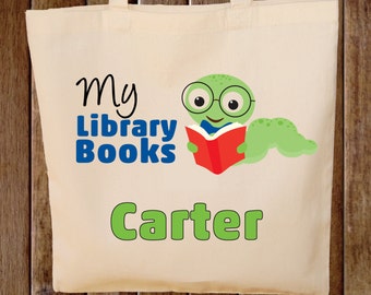 Library Book Bag Tote Bag Boys Tote Bag - Any wording -- Library Books Tote Bag
