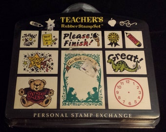 Vintage 1993 Personal Stamp Exchange Teacher's Rubber Stamp Set, UNUSED