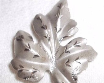Vintage Sterling Silver Etched Leaf Pin Brooch! Satin and Polished Finish!