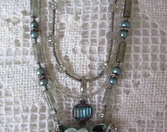 One of a Kind Necklace, Vintage assemblage,Romantic Aqua Necklace, Flower Pendant Necklace, Aqua Bridal Jewelry, Charm Necklace,