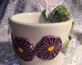 Handmade Ceramic Mug With Purple Morning Glory Flowers