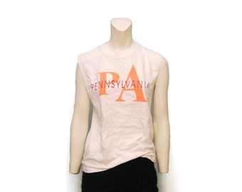Vintage PA Pennsylvania Muscle Tank Top T-Shirt - Calvin Klein Logo Inspired Tee - 1990's Sleeveless TShirt - Crewneck White and Peach