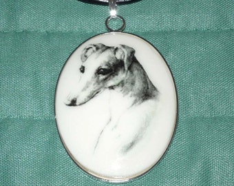 Vintage Alt Art Pencil Portrait Greyhound or Whippet Cameo Pendant Necklace