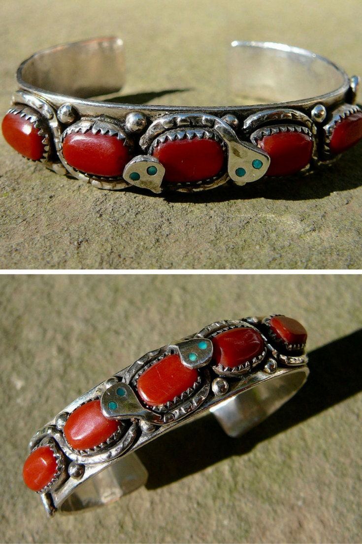Silver Snake Bracelet, Native American Coral Bracelet