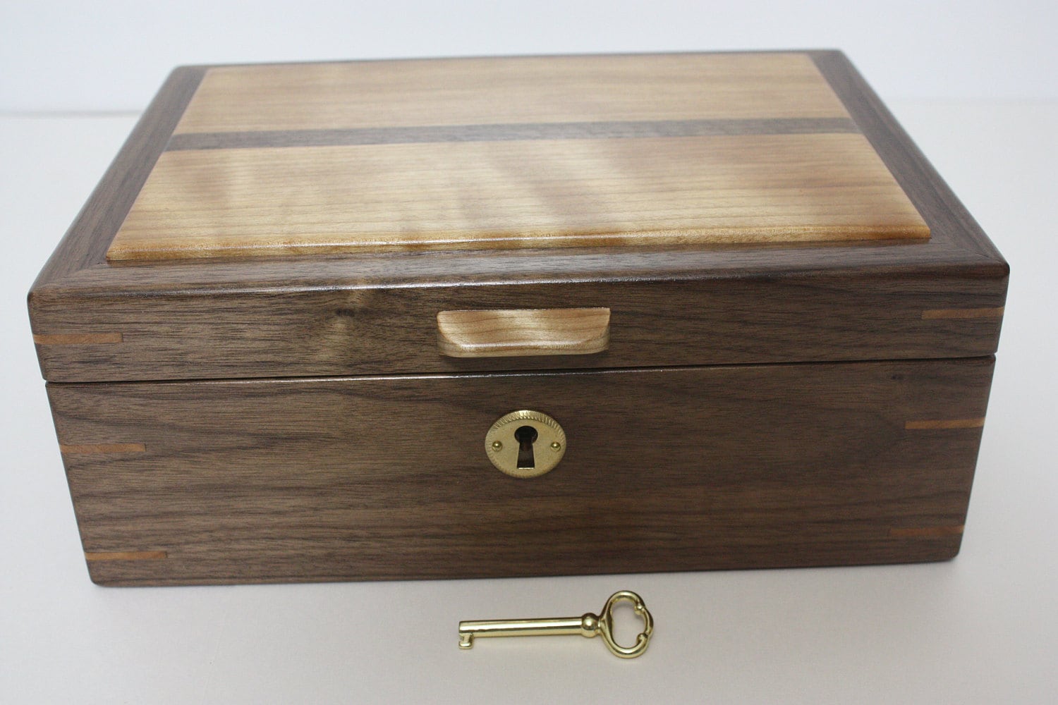Handmade Locking Walnut and Red Birch Box For Sale