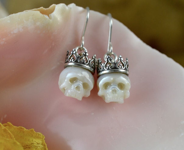 Hand Carved Pearl Skull Wearing Crowns Dangle Earrings